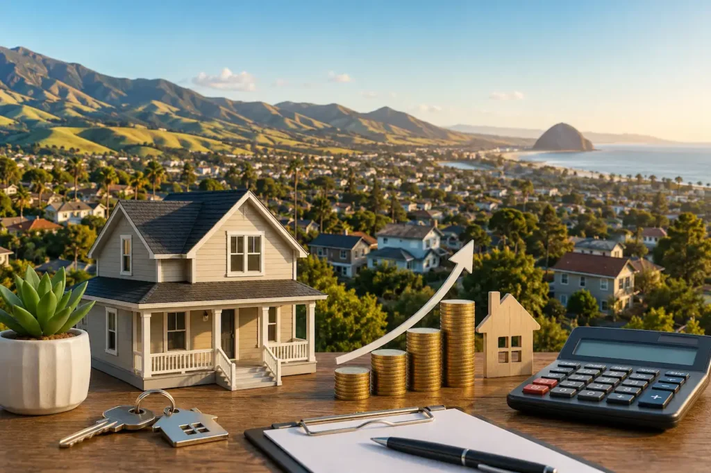 Photorealistic rental investment scene overlooking California’s Central Coast with a model house, stacked coins, calculator, house keys, and upward growth arrow on a wooden table, symbolizing real estate income and landlord success in SLO County.
