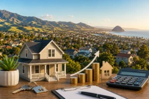 Photorealistic rental investment scene overlooking California’s Central Coast with a model house, stacked coins, calculator, house keys, and upward growth arrow on a wooden table, symbolizing real estate income and landlord success in SLO County.