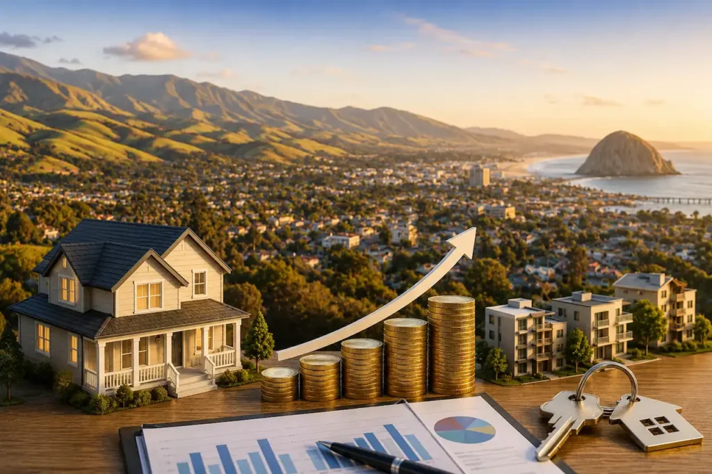High-definition real estate investment scene featuring a coastal California town with a model rental house, apartment buildings, stacked gold coins, keys, and an upward growth arrow overlooking the scenic SLO County coastline at sunset.