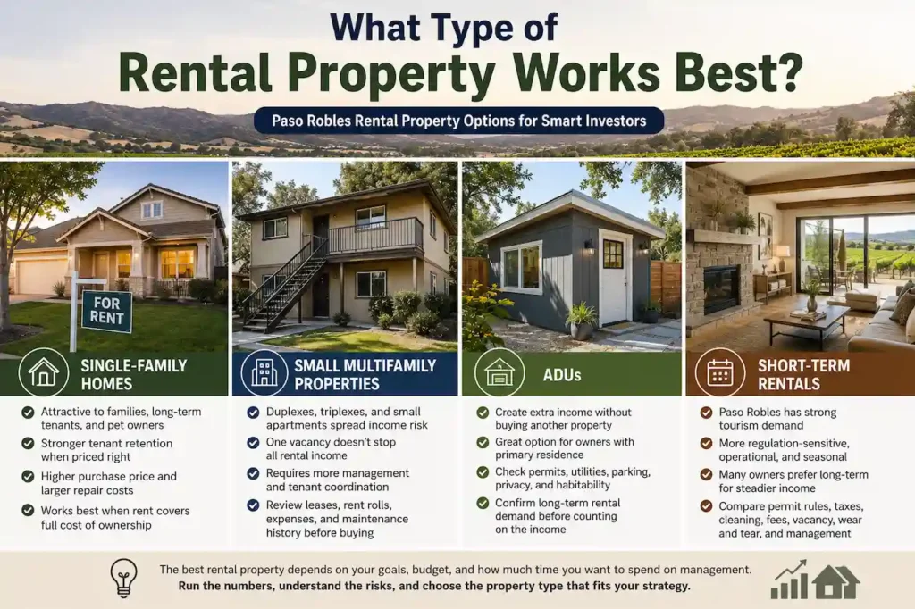 Comparison of single-family homes, multifamily properties, ADUs, and short-term rentals for rental property investors in Paso Robles, California.